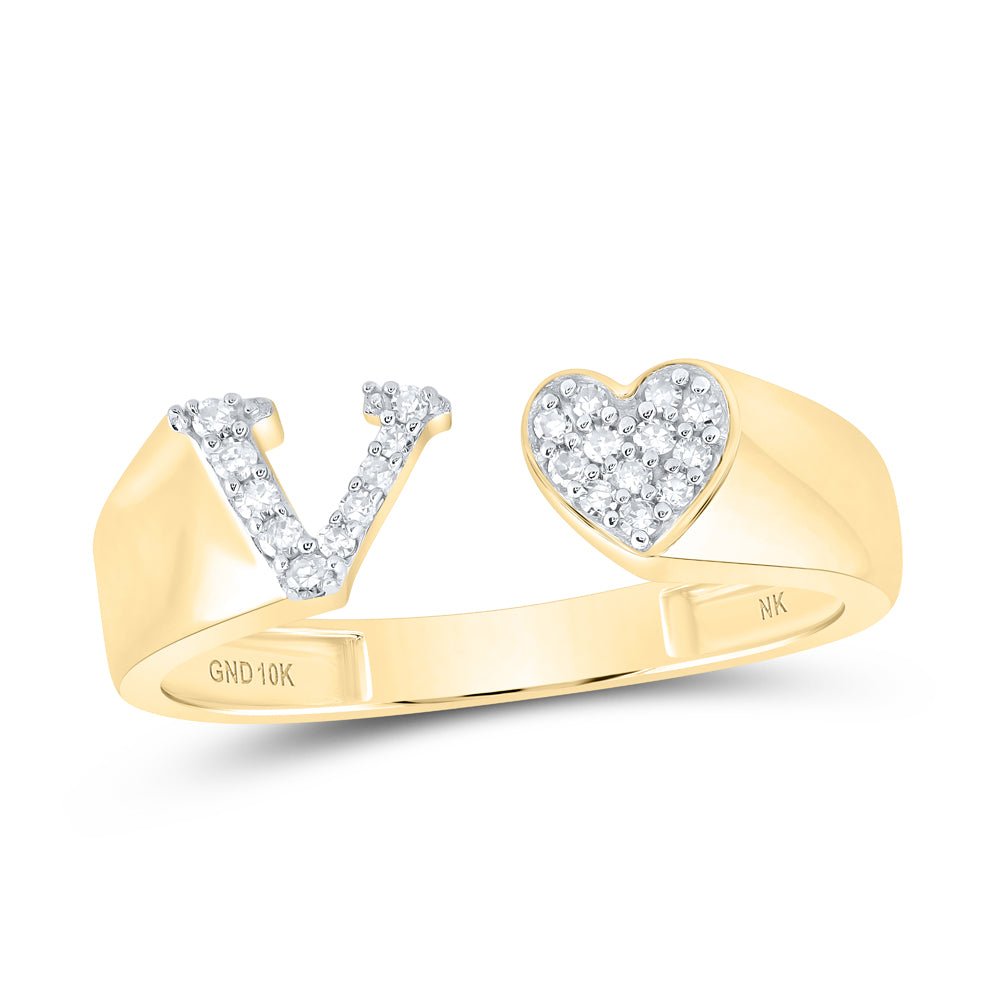 10K Yellow Gold Diamond Gift Initial "V" Women's Heart Ring 1/10 Cttw - Splendid Jewellery
