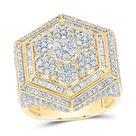 10K Yellow Gold Diamond Hexagon Flower Men's Ring 2 5/8 Cttw - Splendid Jewellery