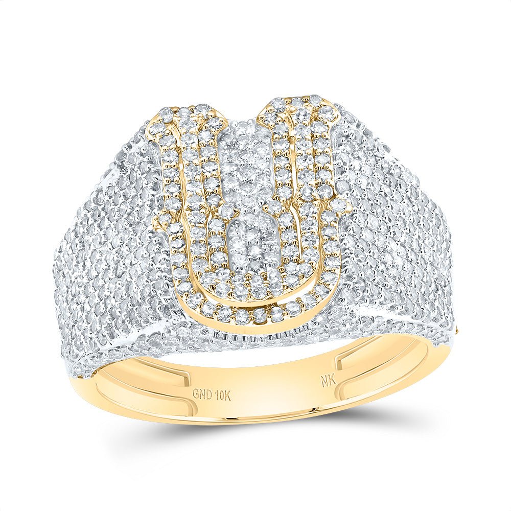 10K Yellow Gold Diamond Initial "U" Men's Ring 1 3/4 Cttw - Splendid Jewellery