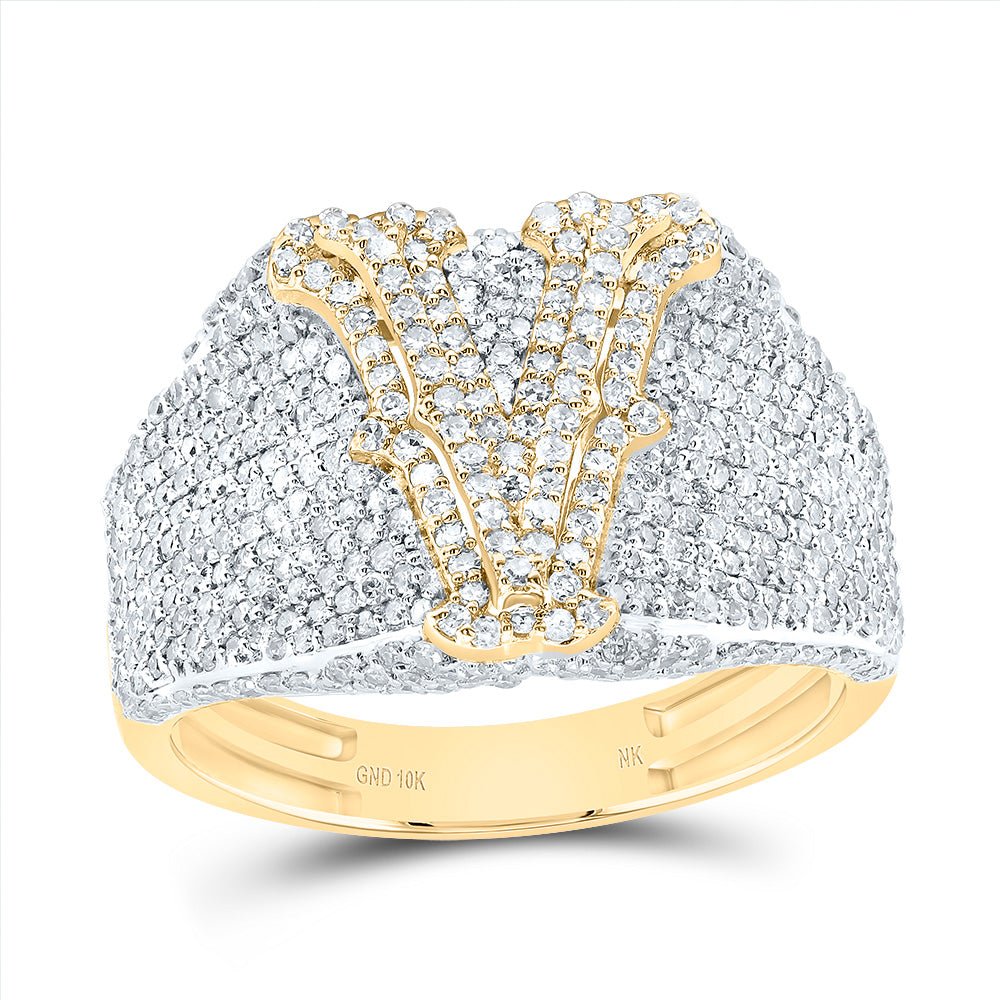 10K Yellow Gold Diamond Initial "V" Men's Ring 1 3/4 Cttw - Splendid Jewellery