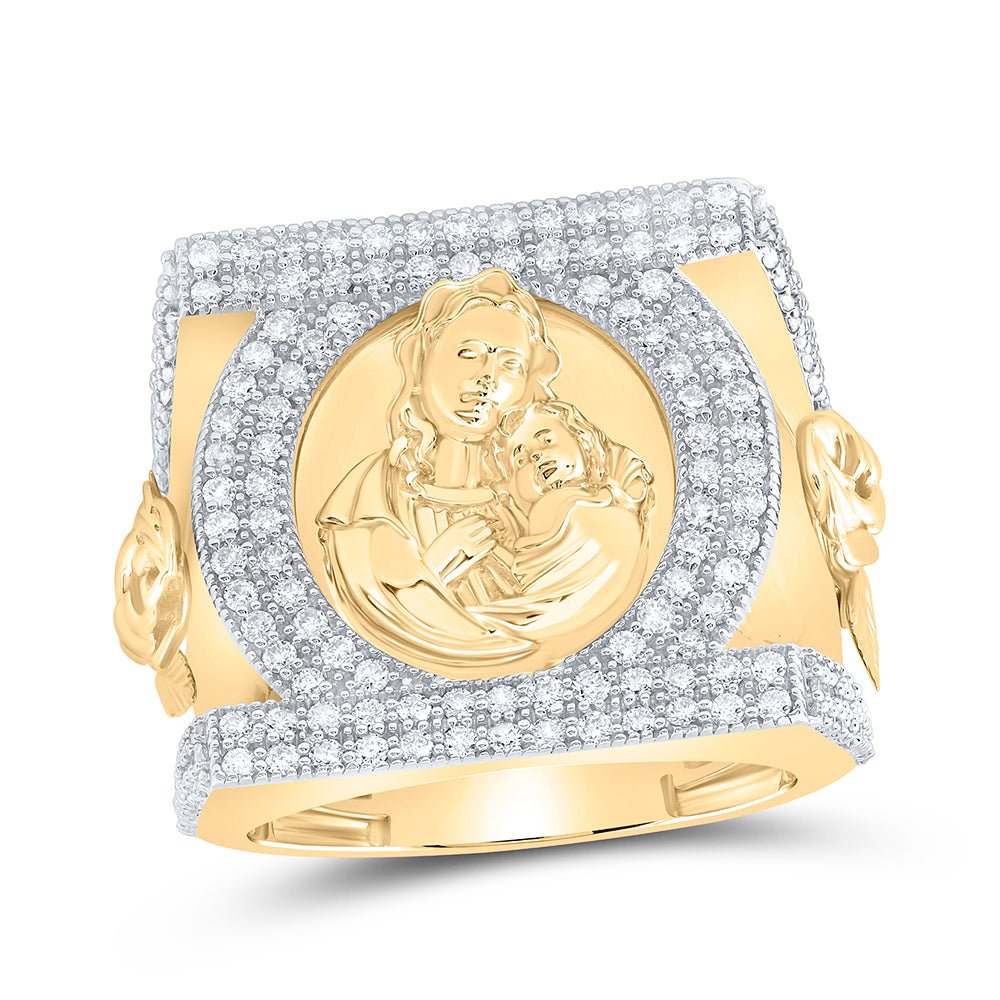 10K Yellow Gold Diamond Mother Mary Men's Ring 1 1/2 Cttw - Splendid Jewellery