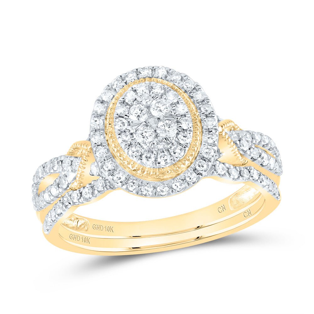 10K Yellow Gold Diamond Oval Double Halo Bridal Set 1/2 Cttw - Splendid Jewellery