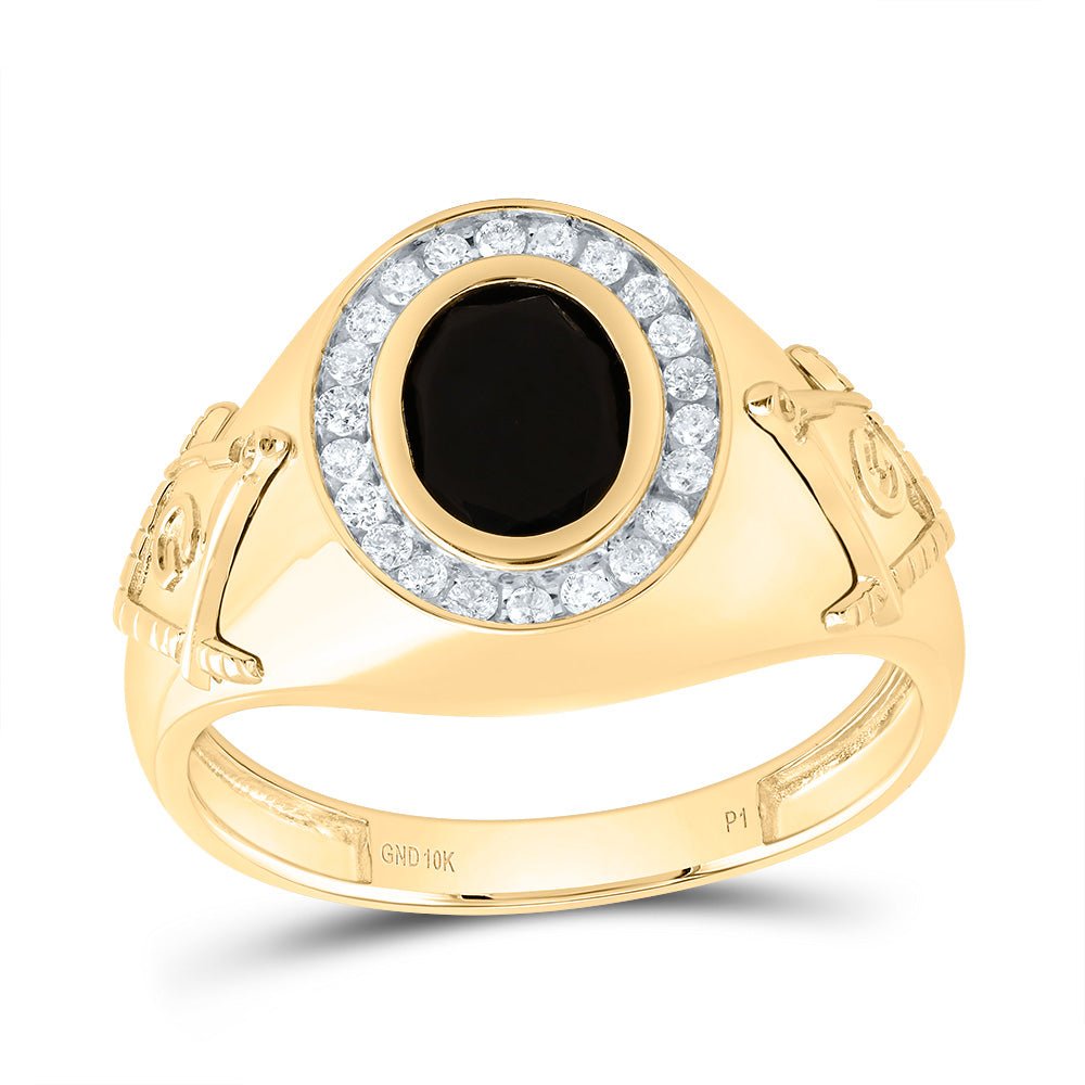 10K Yellow Gold Diamond Oval Onyx Black Mason Men's Ring 1/5 Cttw - Splendid Jewellery