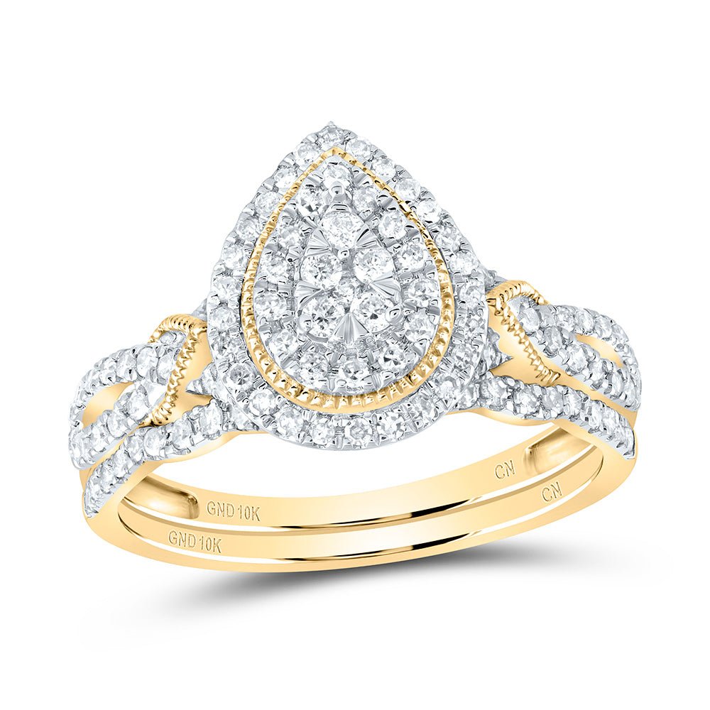 10K Yellow Gold Diamond Pear Double Halo Bridal Set 1/2 Cttw - Splendid Jewellery