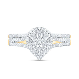 10K Yellow Gold Diamond Pear Double Halo Bridal Set 3/8 Cttw - Splendid Jewellery