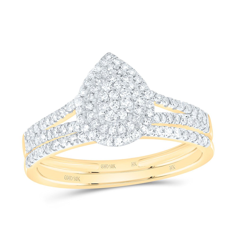 10K Yellow Gold Diamond Pear Double Halo Bridal Set 3/8 Cttw - Splendid Jewellery