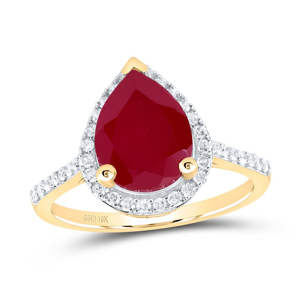10K Yellow Gold Diamond Pear Ruby Synthetic Ring 1/3 Cttw - Splendid Jewellery