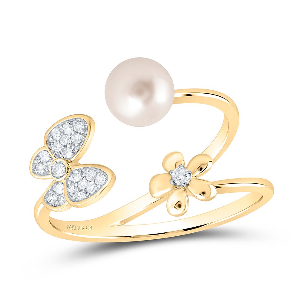 10K Yellow Gold Diamond Pearl Butterfly Women's Ring 1/10 Cttw - Splendid Jewellery