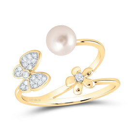 10K Yellow Gold Diamond Pearl Butterfly Women's Ring 1/10 Cttw - Splendid Jewellery
