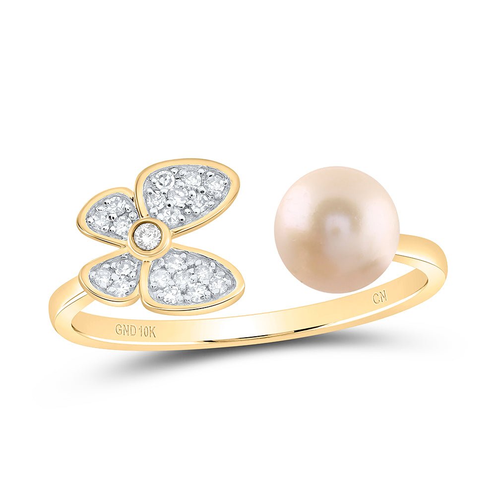 10K Yellow Gold Diamond Pearl Butterfly Women's Ring 1/10 Cttw - Splendid Jewellery