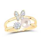 10K Yellow Gold Diamond Pearl Butterfly Women's Ring 1/6 Cttw - Splendid Jewellery