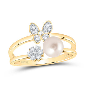 10K Yellow Gold Diamond Pearl Butterfly Women's Ring 1/6 Cttw - Splendid Jewellery
