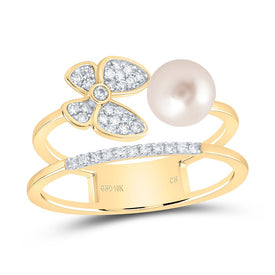 10K Yellow Gold Diamond Pearl Butterfly Women's Ring 1/6 Cttw - Splendid Jewellery