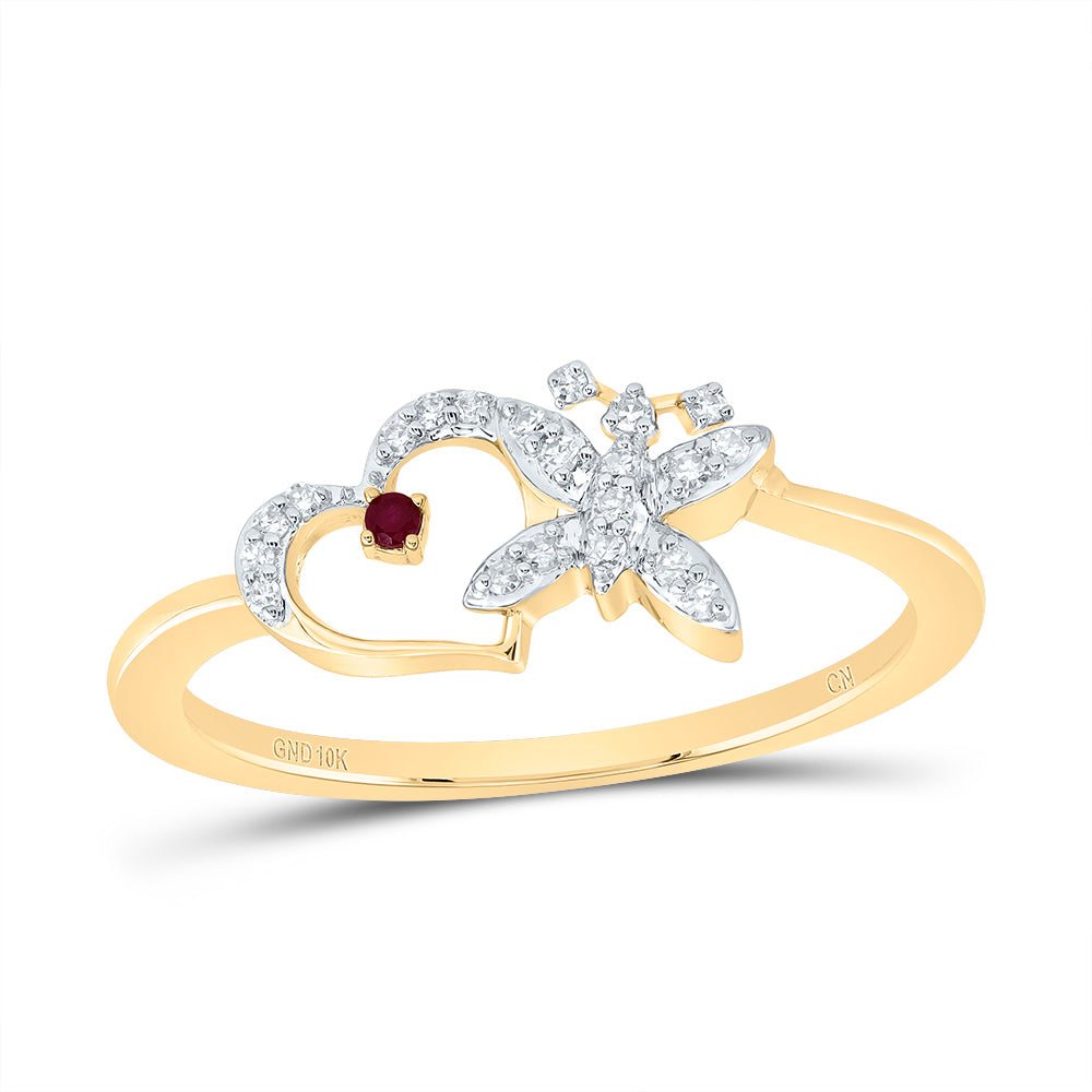 10K Yellow Gold Diamond Ruby Gemstone Butterfly Heart Ring 1/12 Cttw - Splendid Jewellery