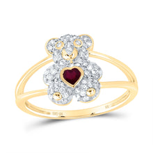 Load image into Gallery viewer, 10K Yellow Gold Diamond Ruby Gemstone Heart Teddy Bear Ring 1/3 Cttw - Splendid Jewellery