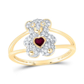 10K Yellow Gold Diamond Ruby Gemstone Heart Teddy Bear Ring 1/3 Cttw - Splendid Jewellery