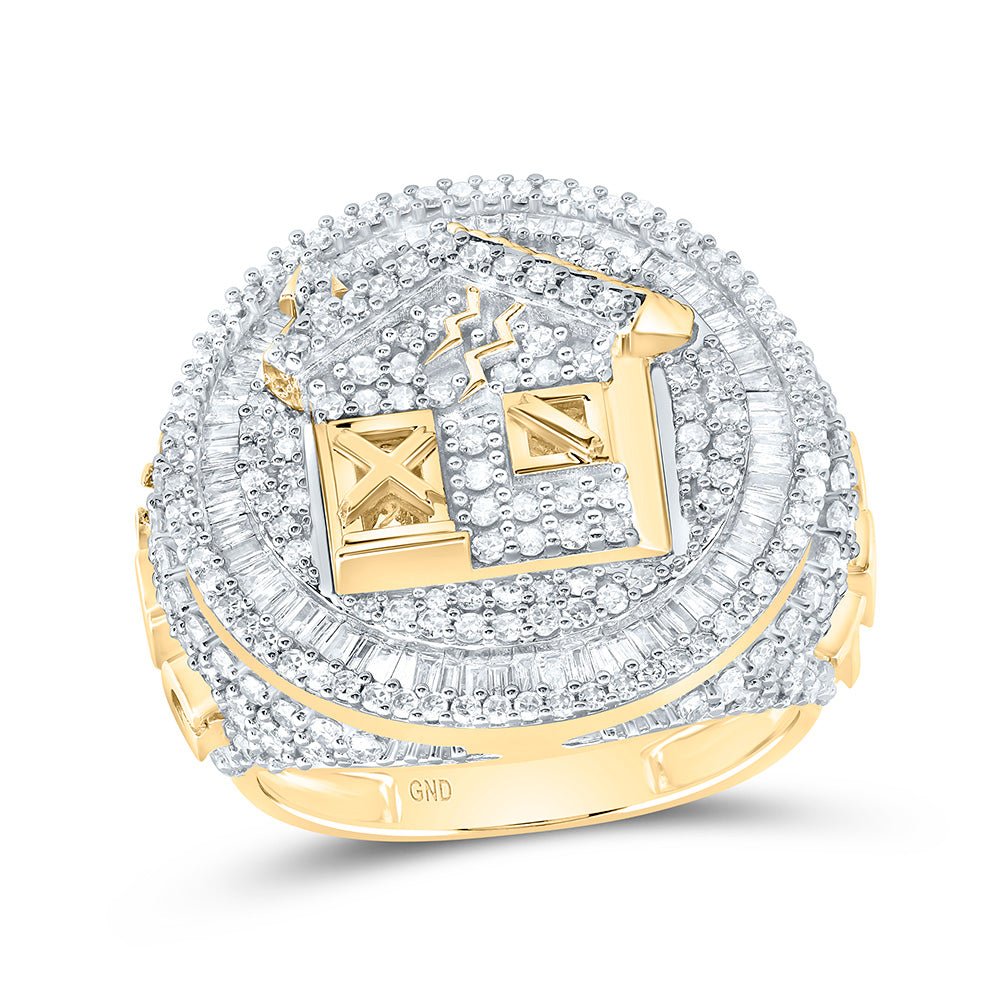 10K Yellow Gold Diamond Trap House Men's Ring 2 7/8 Cttw - Splendid Jewellery