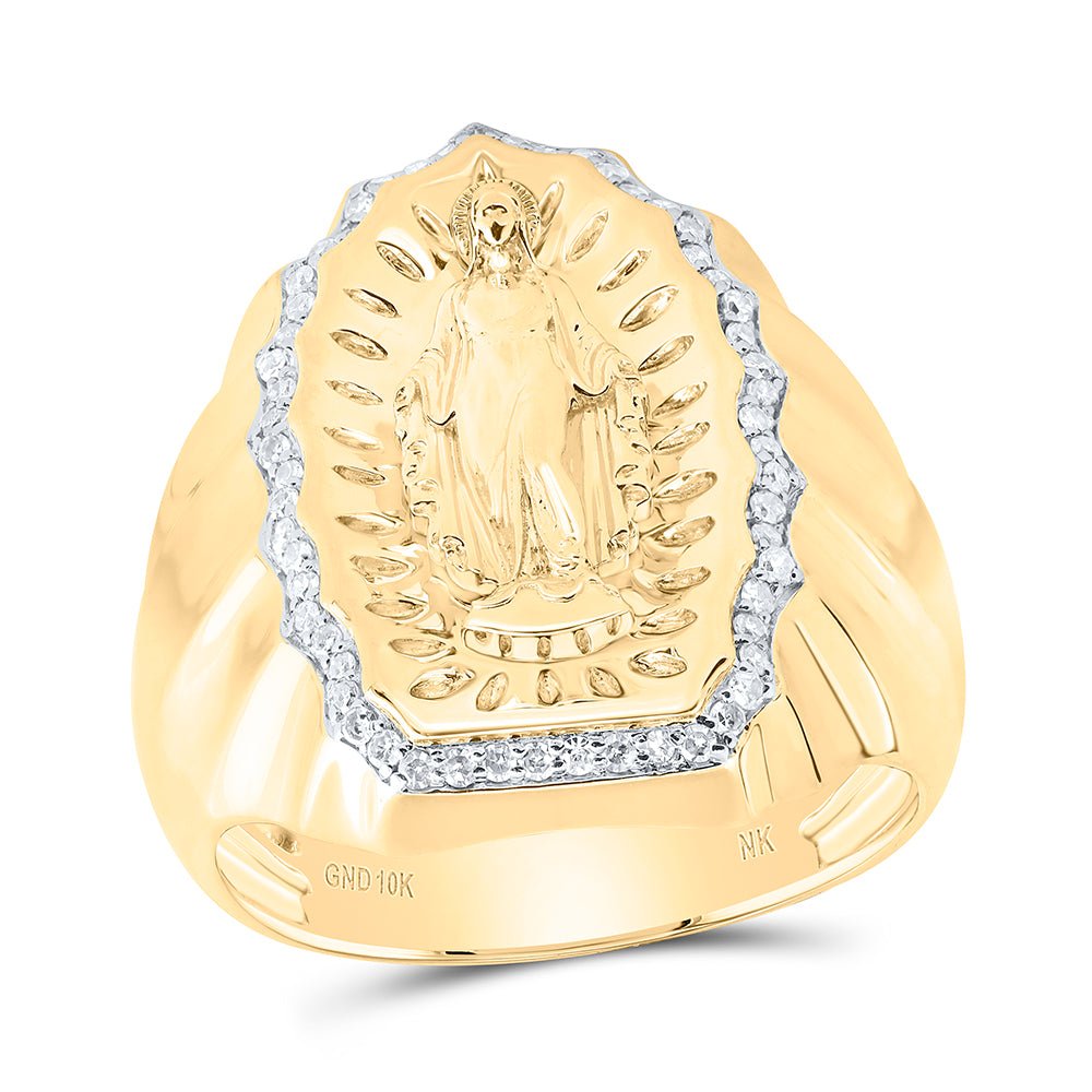 10K Yellow Gold Diamond Virgin Mother Mary Men's Ring 1/3 Cttw - Splendid Jewellery