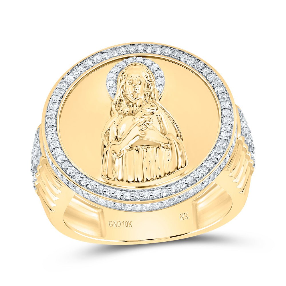 10K Yellow Gold Diamond Virgin Mother Mary Men's Ring 5/8 Cttw - Splendid Jewellery
