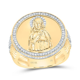 10K Yellow Gold Diamond Virgin Mother Mary Men's Ring 5/8 Cttw - Splendid Jewellery
