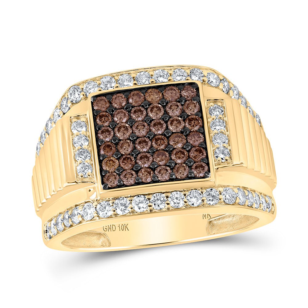 10K Yellow Gold Round Brown Diamond Cognac Mens Ring 1 5/8 Cttw - Splendid Jewellery