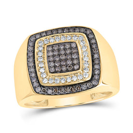 10K Yellow Gold Round Brown Diamond Cognac Mens Ring 3/4 Cttw - Splendid Jewellery