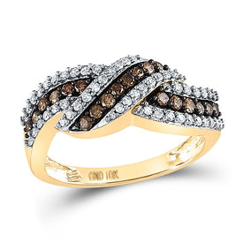 10K Yellow Gold Round Brown Diamond Women's Brown Crossover Band Ring 3/4 Cttw - Splendid Jewellery