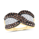 10K Yellow Gold Round Brown Diamond Women's Brown Crossover Stripe Band Ring 1 Cttw - Splendid Jewellery