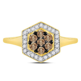 10K Yellow Gold Round Brown Diamond Women's Brown Polygon Cluster Ring 1/2 Cttw - Splendid Jewellery