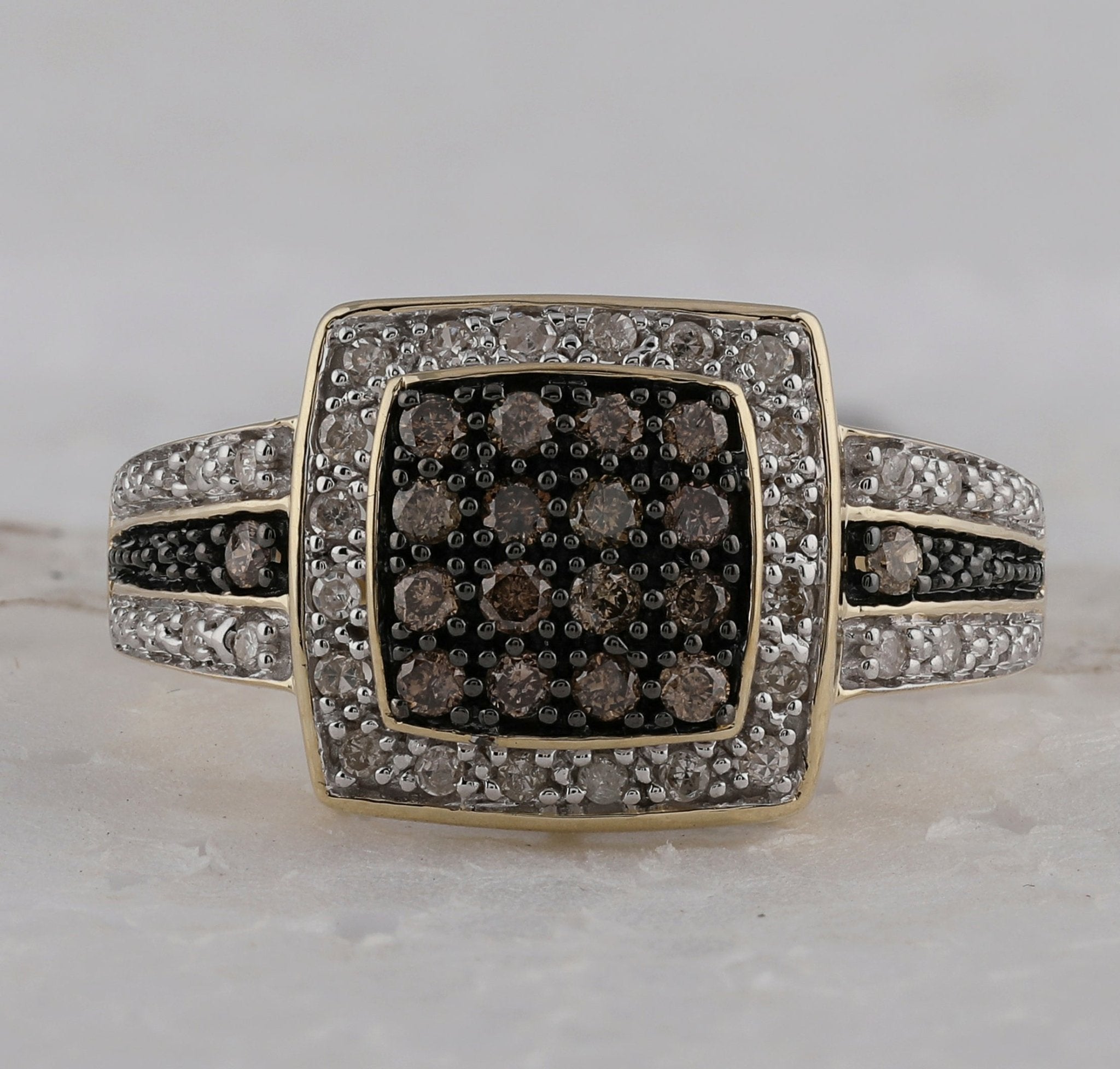 10K Yellow Gold Round Brown Diamond Women's Brown Square Cluster Ring 1/2 Cttw - Splendid Jewellery