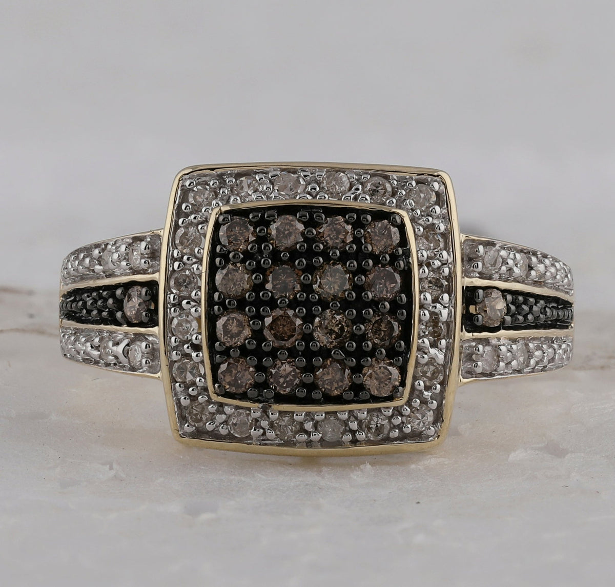 10K Yellow Gold Round Brown Diamond Women's Brown Square Cluster Ring 1/2 Cttw - Splendid Jewellery