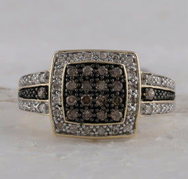 10K Yellow Gold Round Brown Diamond Women's Brown Square Cluster Ring 1/2 Cttw - Splendid Jewellery