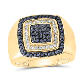 10K Yellow Gold Round Colored Black Diamond Mens Ring 3/4 Cttw - Splendid Jewellery