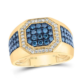 10K Yellow Gold Round Colored Blue Diamond Mens Ring 1 1/5 Cttw - Splendid Jewellery