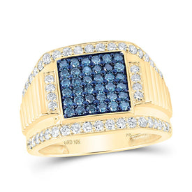 10K Yellow Gold Round Colored Blue Diamond Mens Ring 1 5/8 Cttw - Splendid Jewellery