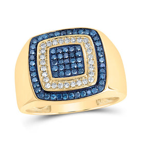10K Yellow Gold Round Colored Blue Diamond Mens Ring 3/4 Cttw - Splendid Jewellery