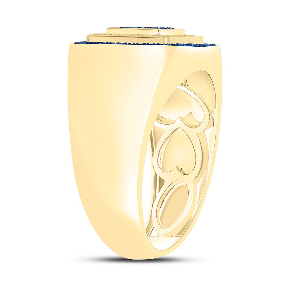 10K Yellow Gold Round Colored Blue Diamond Mens Ring 3/4 Cttw - Splendid Jewellery