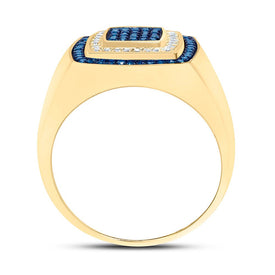 10K Yellow Gold Round Colored Blue Diamond Mens Ring 3/4 Cttw - Splendid Jewellery
