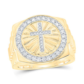 10K Yellow Gold Round Diamond Cross Mens Ring 1/2 Cttw - Splendid Jewellery