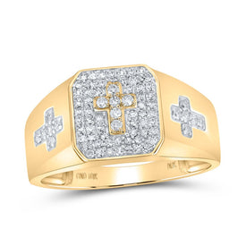 10K Yellow Gold Round Diamond Cross Mens Ring 3/8 Cttw - Splendid Jewellery