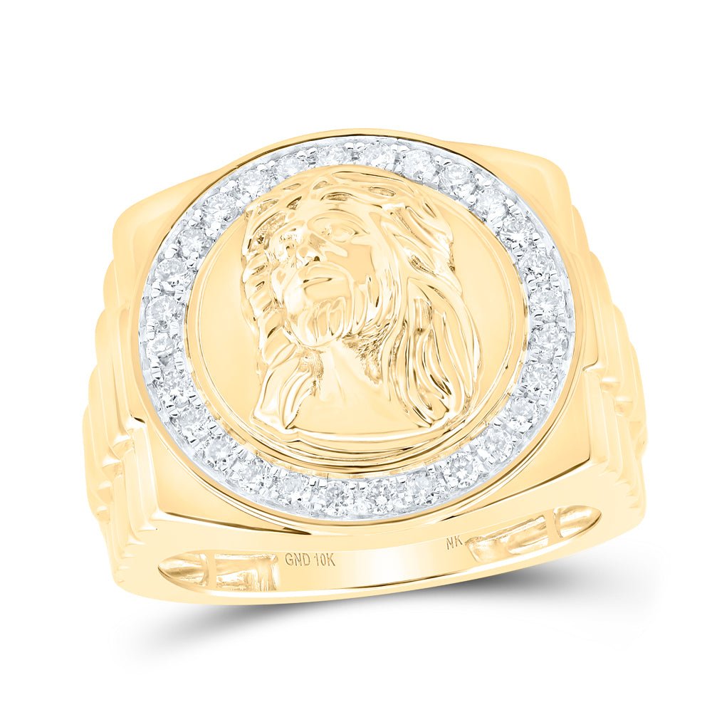 10K Yellow Gold Round Diamond Jesus Face Mens Ring 1/2 Cttw - Splendid Jewellery