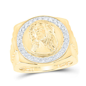 10K Yellow Gold Round Diamond Jesus Face Mens Ring 1/2 Cttw - Splendid Jewellery