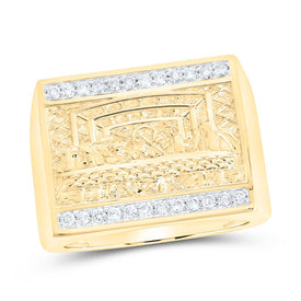 10K Yellow Gold Round Diamond Last Supper Mens Ring 1/3 Cttw - Splendid Jewellery