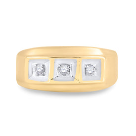 10K Yellow Gold Round Diamond Mens 3 - Stone Two - Tone Wedding Band Ring 1/10 Cttw - Splendid Jewellery