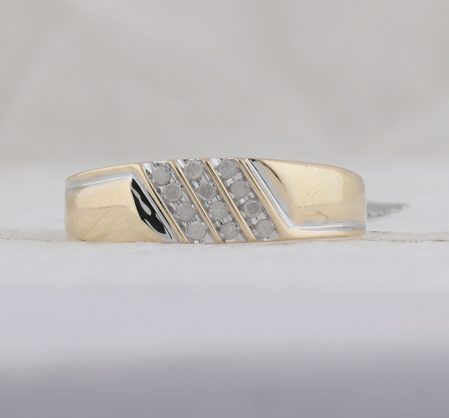 10K Yellow Gold Round Diamond Men's Channel Set Diagonal Triple Row Wedding Band - Splendid Jewellery