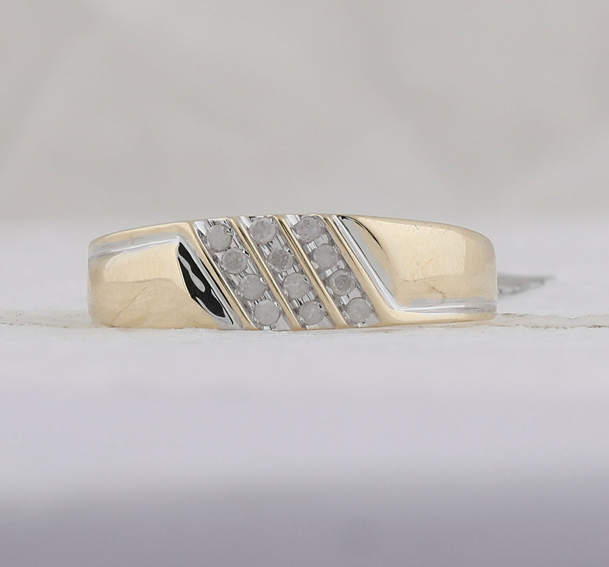 10K Yellow Gold Round Diamond Men's Channel Set Diagonal Triple Row Wedding Band - Splendid Jewellery