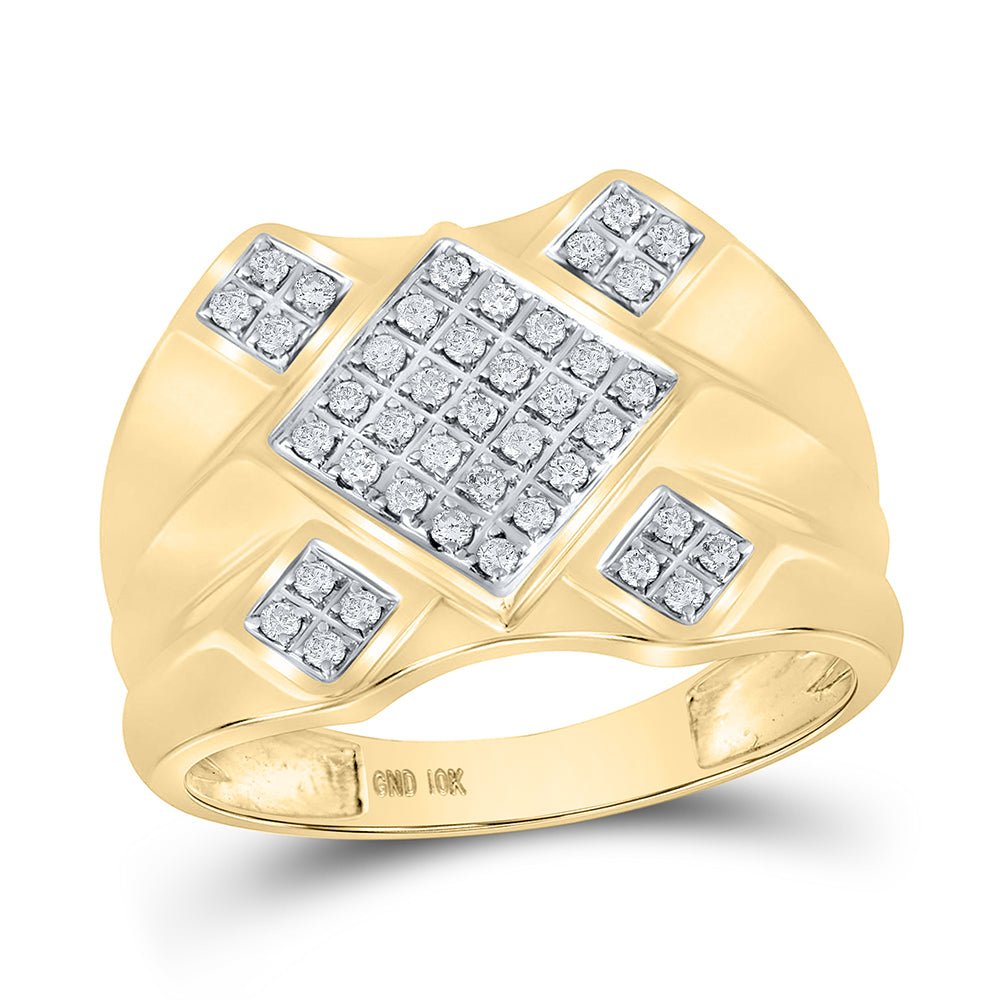 10K Yellow Gold Round Diamond Mens Diagonal Square Cluster Ring 1/3 Cttw - Splendid Jewellery