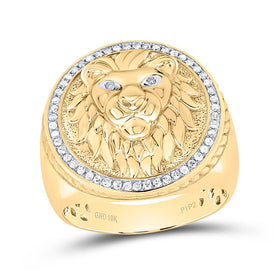 10K Yellow Gold Round Diamond Mens Lion Head Mane Ring 1/3 Cttw - Splendid Jewellery