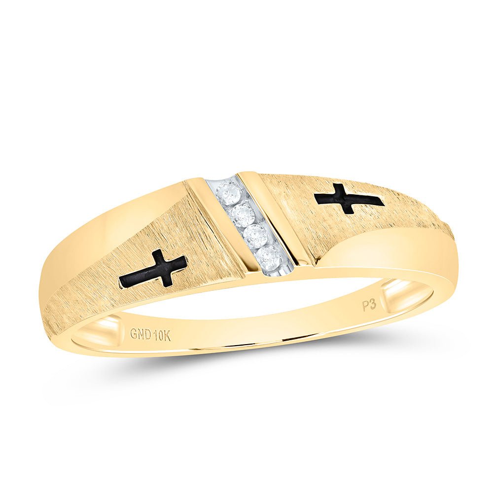 10K Yellow Gold Round Diamond Men's Single Row Cross Wedding Band 1/20 Cttw - Splendid Jewellery