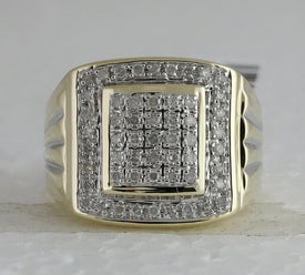 10K Yellow Gold Round Diamond Mens Square Cluster Ring 1/2 Cttw - Splendid Jewellery